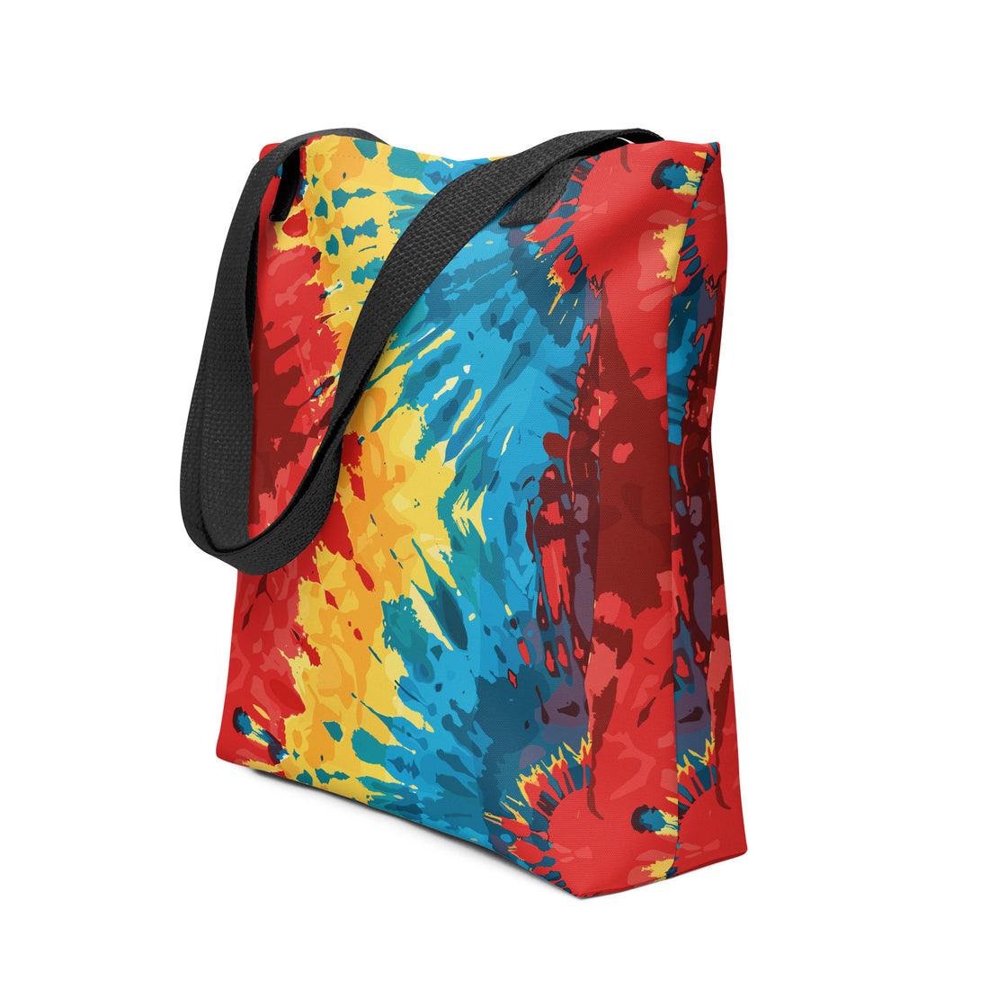 Vibrant tie-dye tote bag with colorful pattern and black handles.