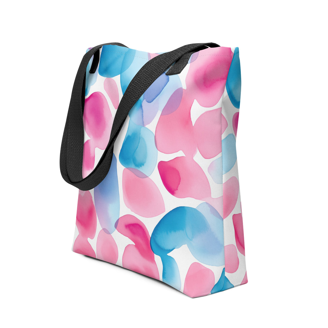 Watercolor floral tote bag in pink and blue hues, spacious design with dual handles.