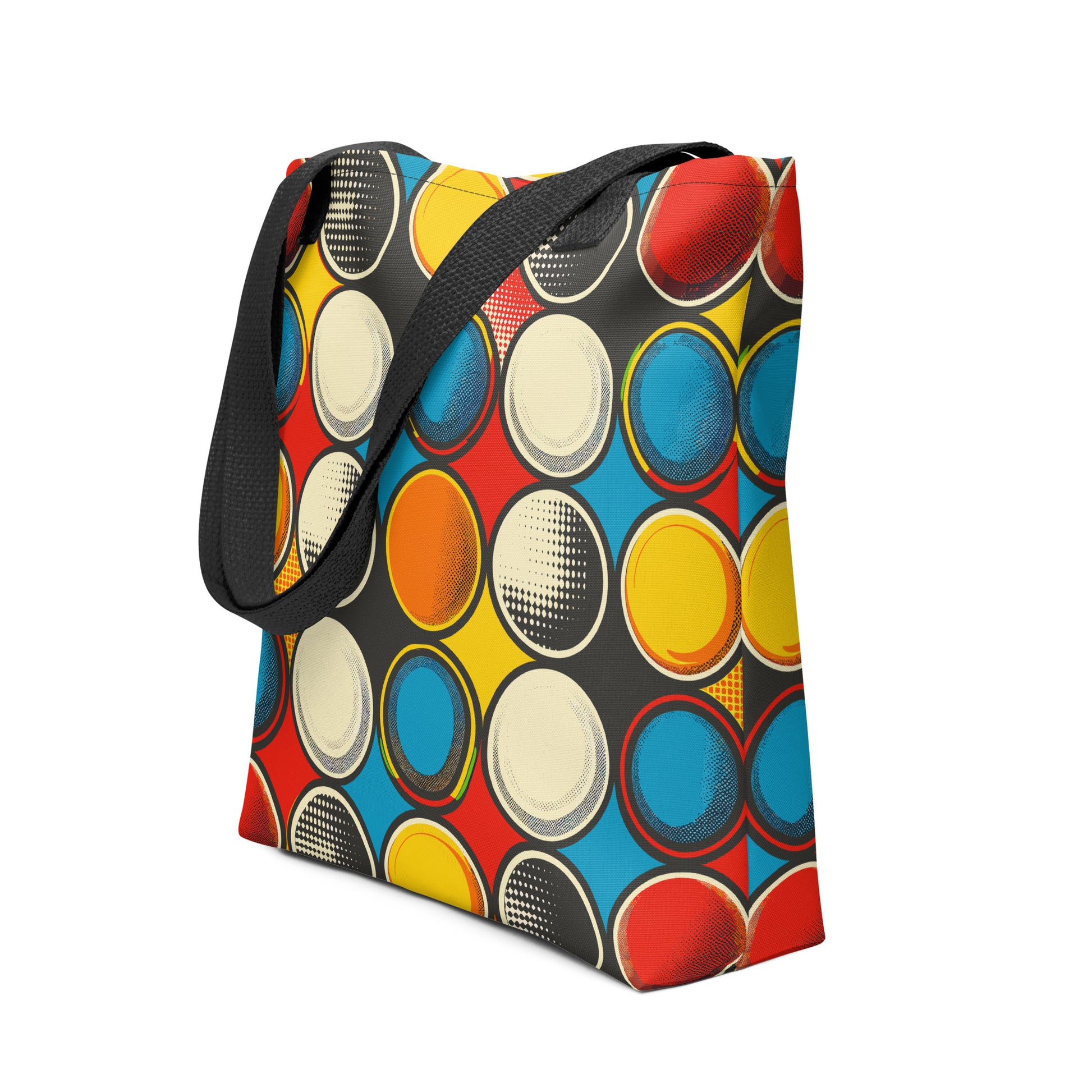 Colorful graphic tote bag featuring bold circles in blue, yellow, red, and black.