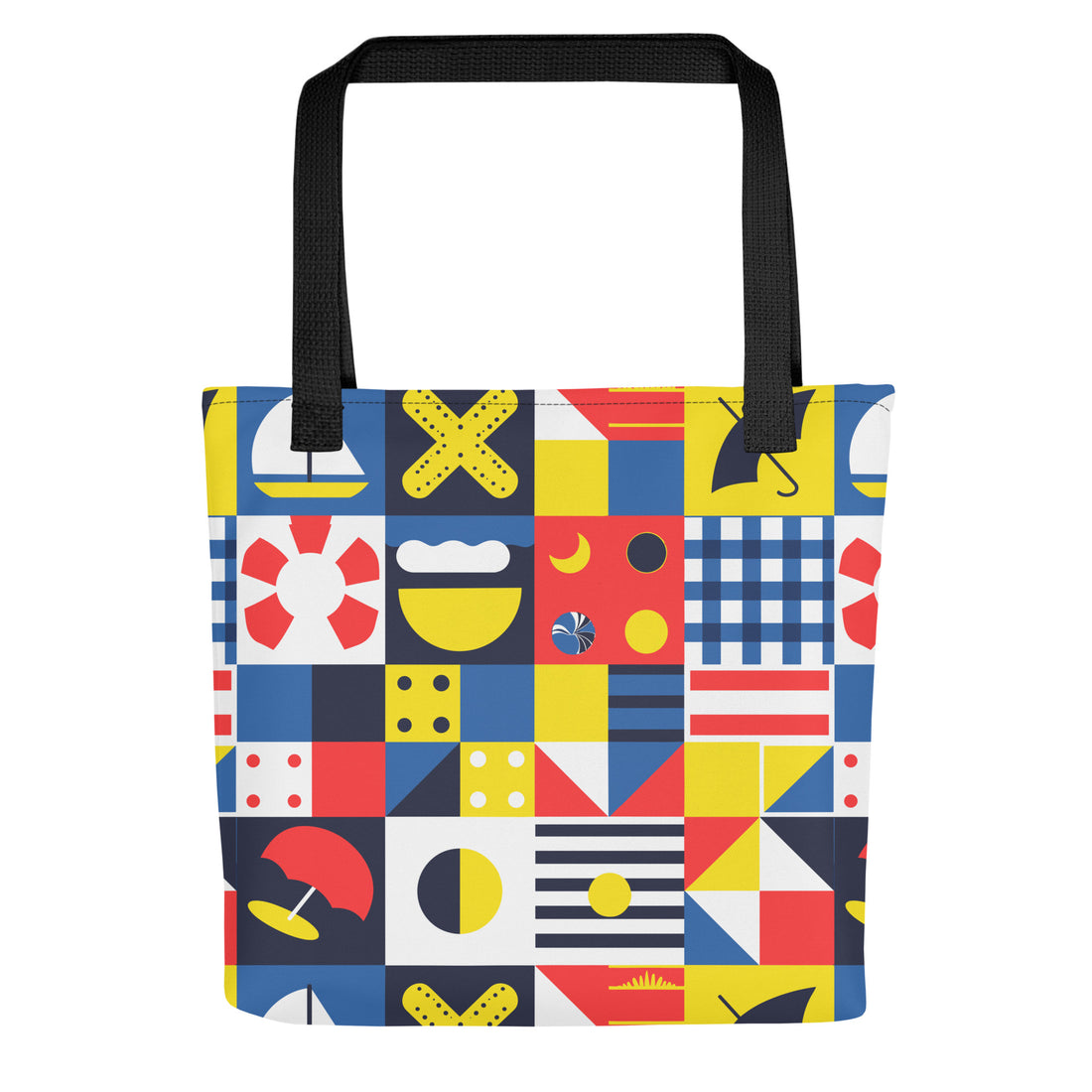 Vibrant geometric pattern tote bag with dual cotton handles, featuring colorful squares and shapes.