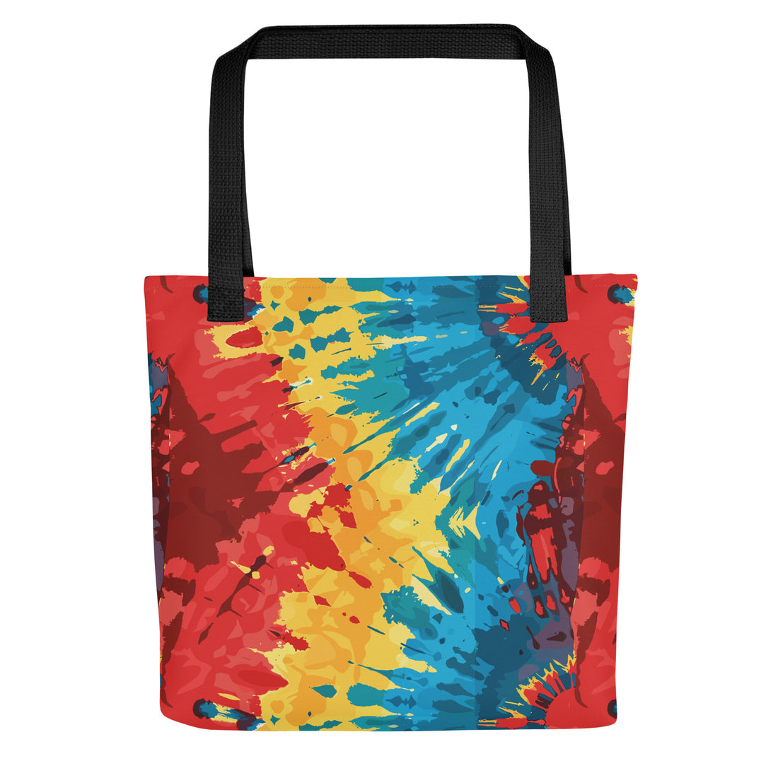 Vibrant tie-dye tote bag with colorful pattern and black handles.