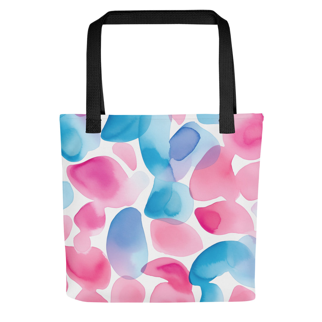 Watercolor floral tote bag in pink and blue hues, spacious design with dual handles.