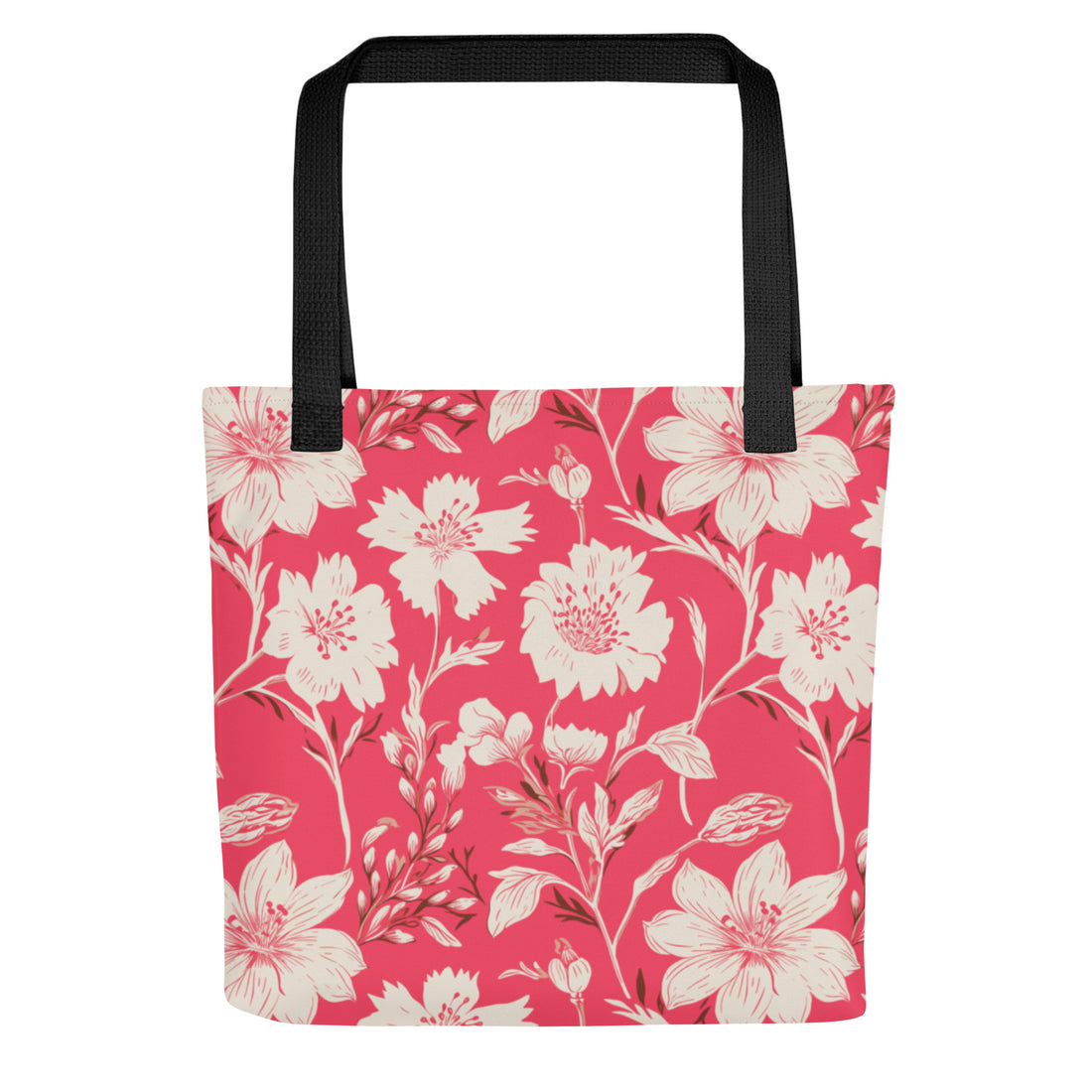 Floral print tote bag with pink background and black handles.