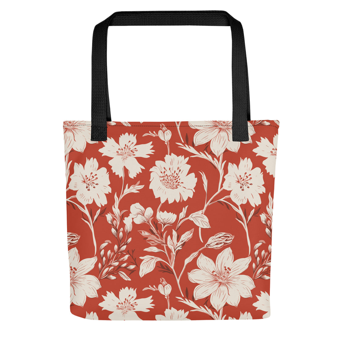 Vintage Floral Tote Bag featuring floral design in earthy tones with black handles.