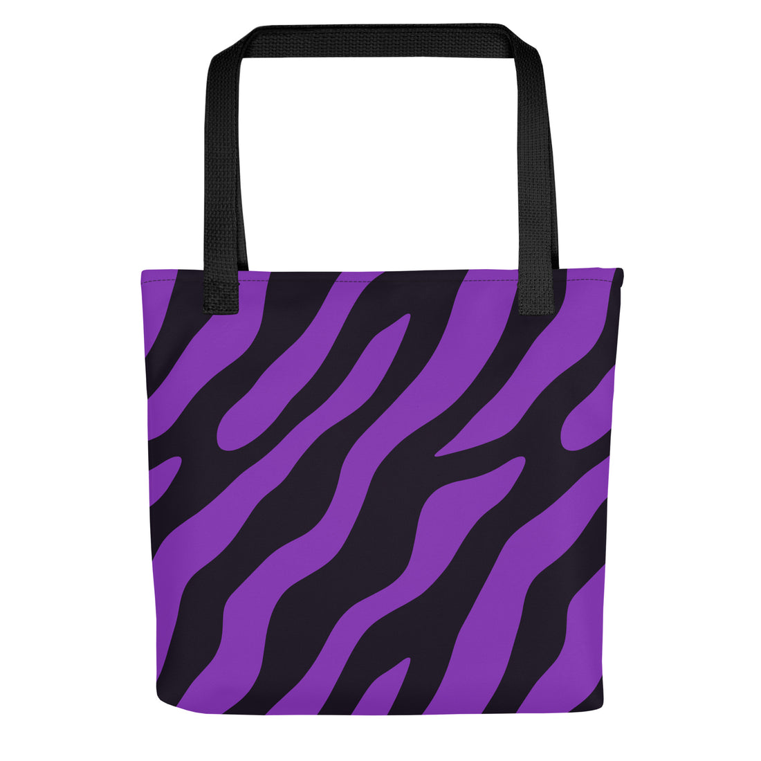 Purple zebra print tote bag with black handles, stylish and spacious.