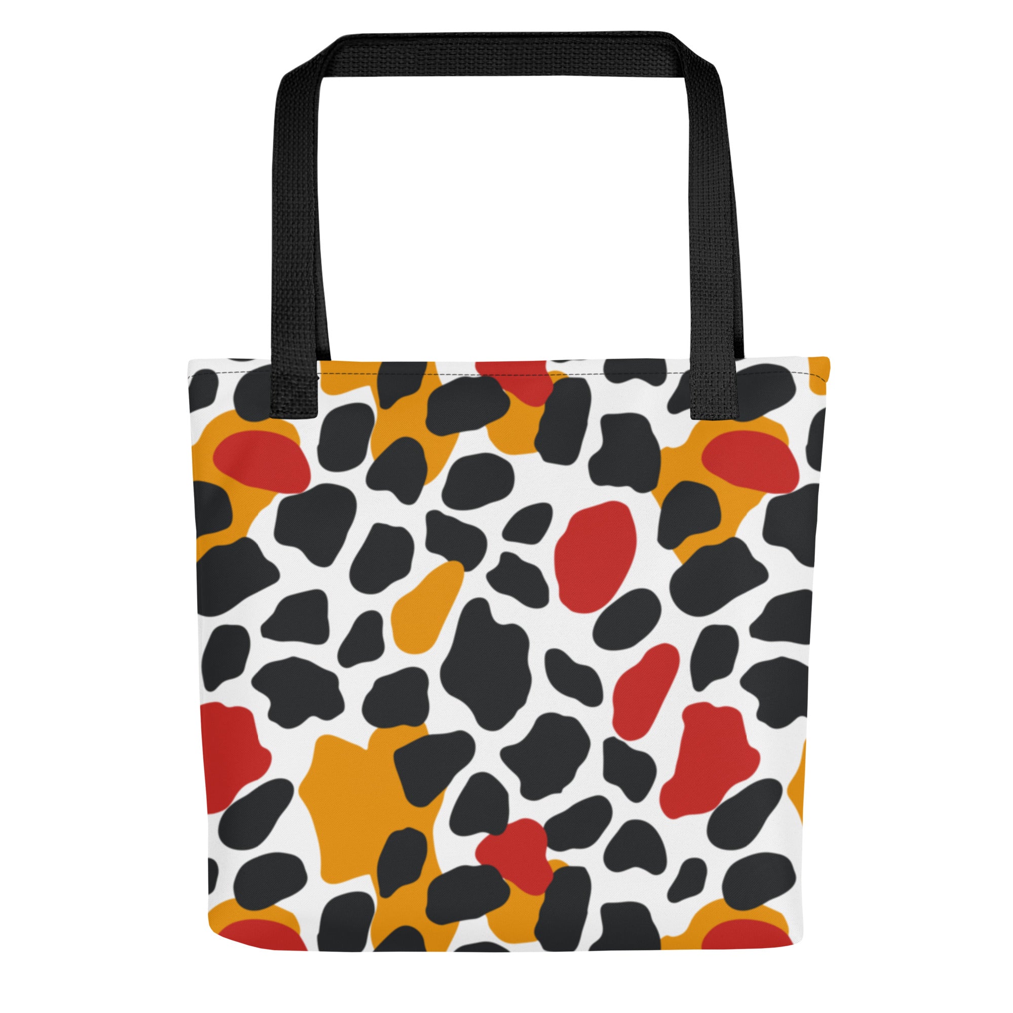 Trendy tote bag featuring an abstract print in red, orange, black and white.