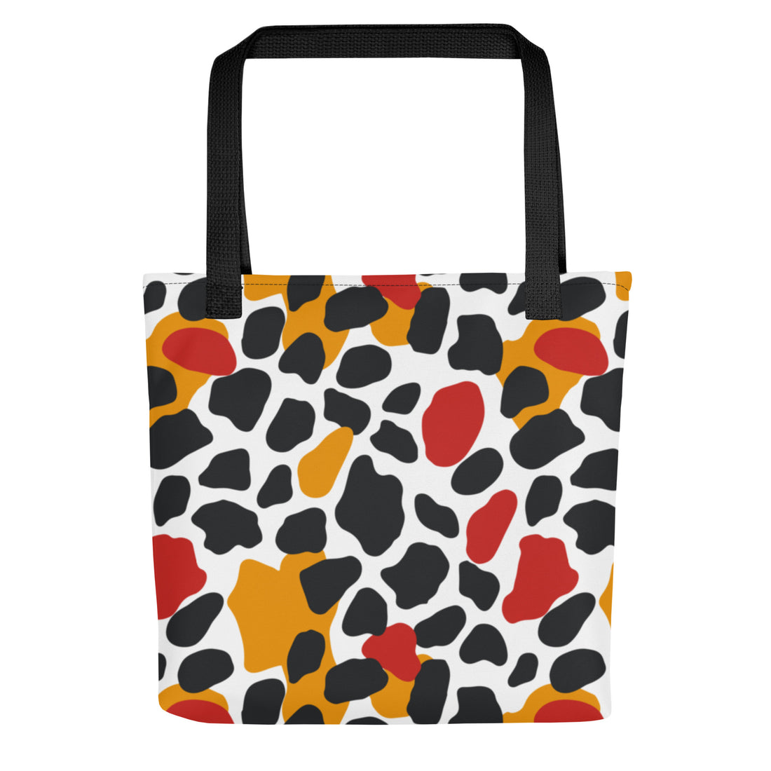 Trendy tote bag featuring an abstract print in red, orange, black and white.