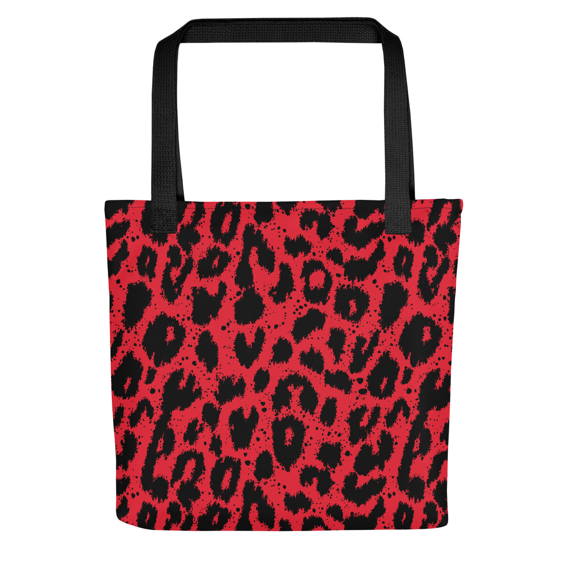 Vibrant red leopard print tote bag with black accents and dual handles.