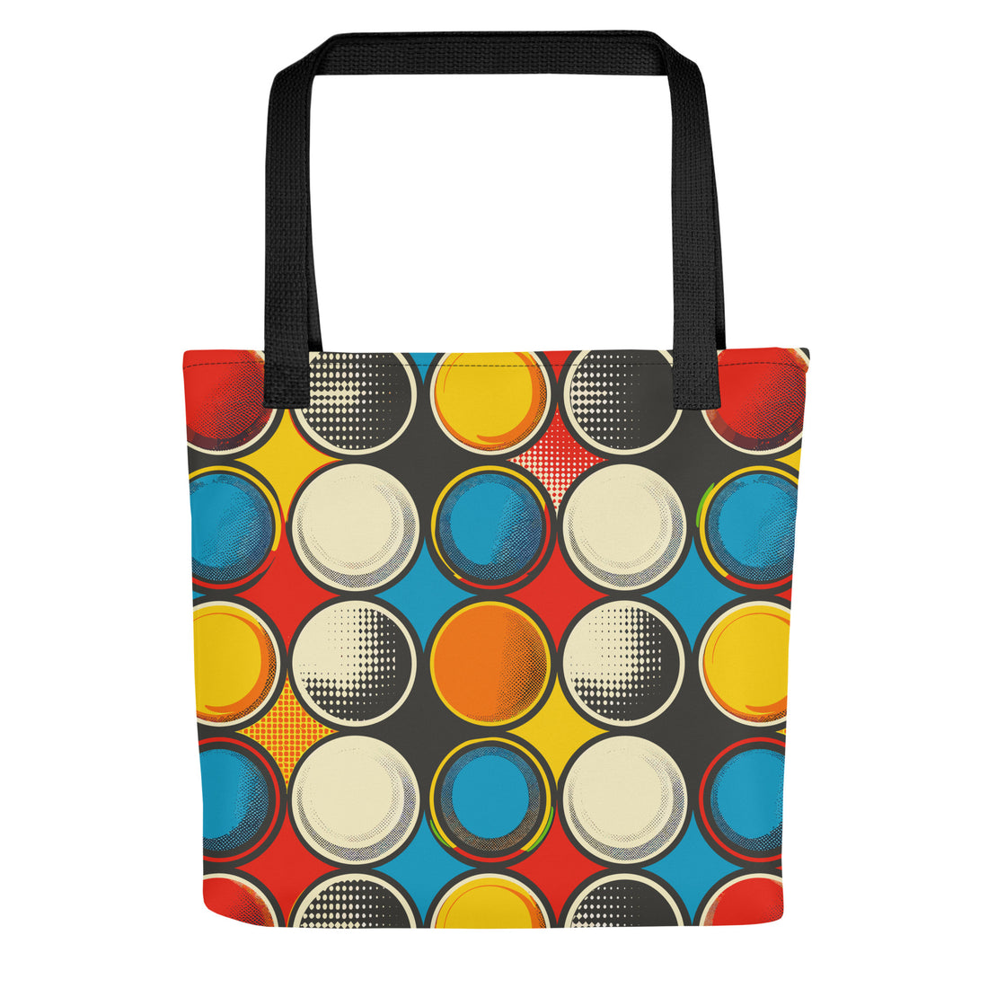 Colorful graphic tote bag featuring bold circles in blue, yellow, red, and black.