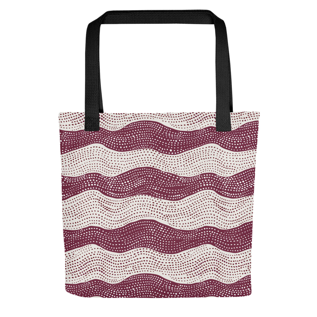 Trendy tote bag featuring a wavy print design in burgundy and cream colors.