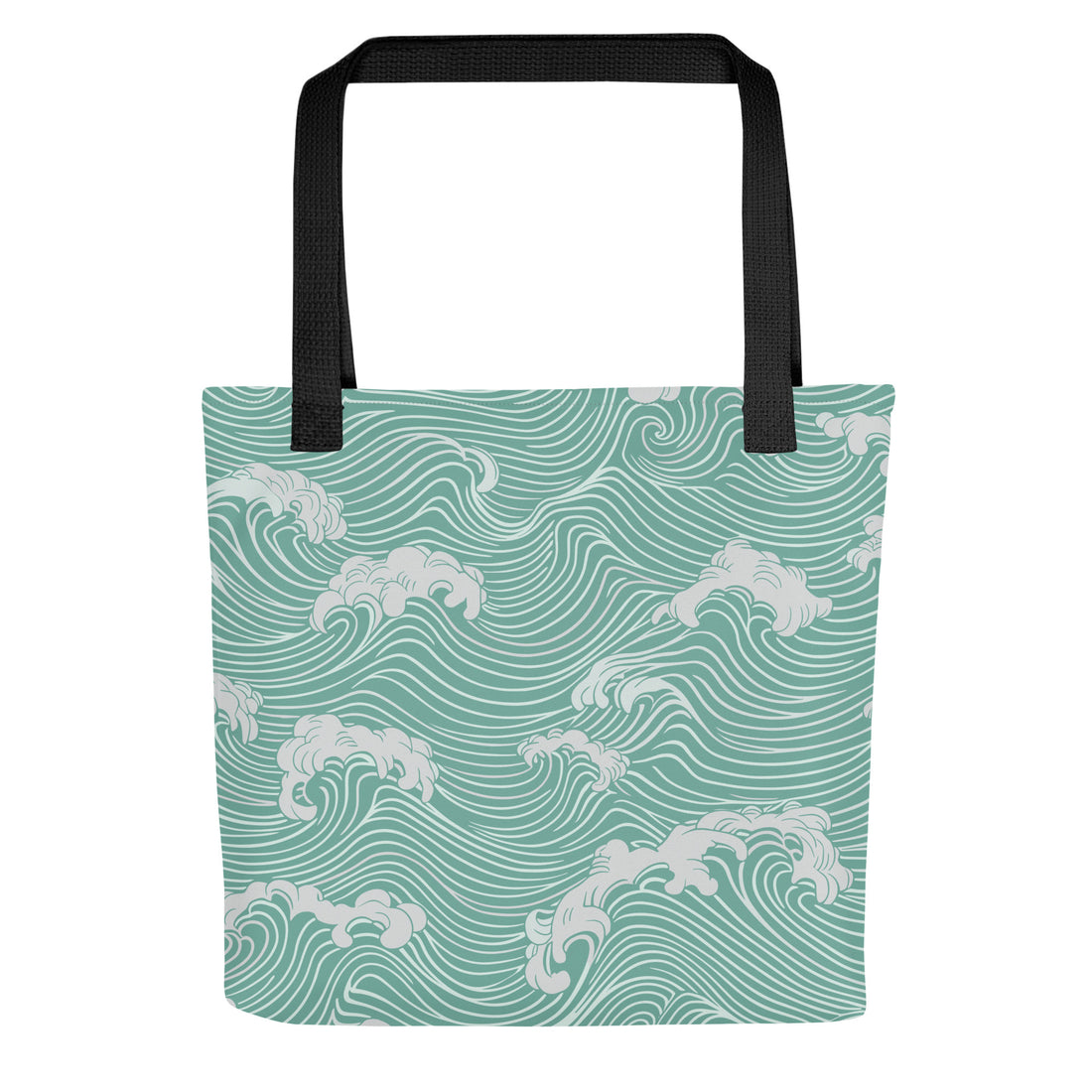 Wave-inspired tote bag showing ocean wave design with dark handles.