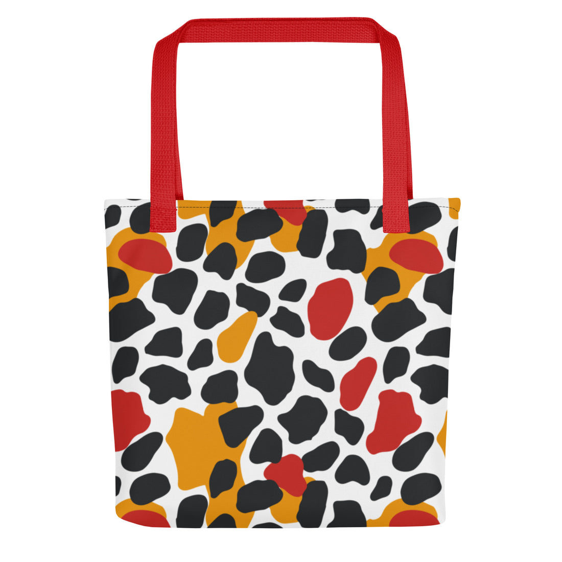 Trendy tote bag featuring an abstract print in red, orange, black and white.