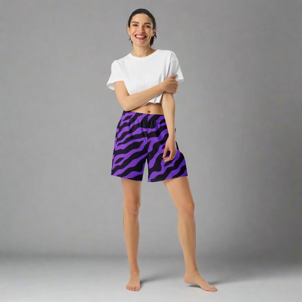 Vibrant Purple Zebra Print Athletic Long Shorts for Women