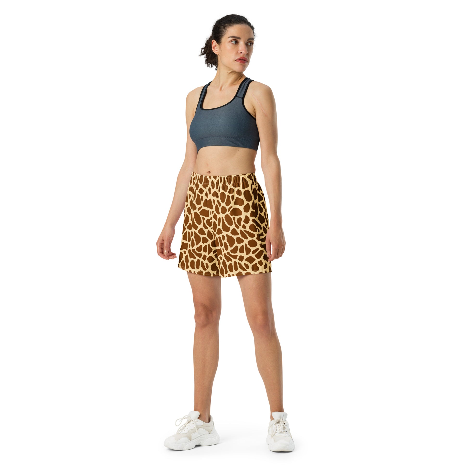 Giraffe print athletic long shorts for unisex, perfect for workouts.