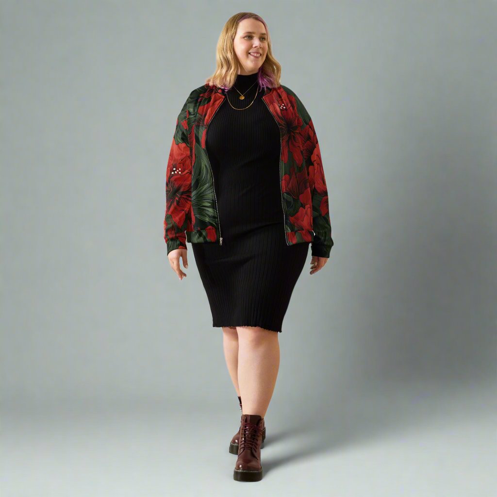 Vibrant Red Hibiscus Bomber Jacket for Women