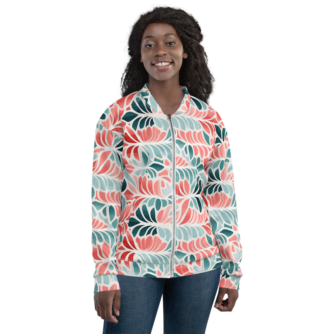 Floral print unisex bomber jacket in vibrant shades of pink and teal