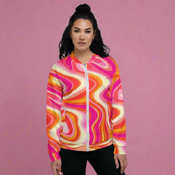 Vibrant 70s Groove Psychedelic Bomber Jacket in pink, yellow, and orange swirls.