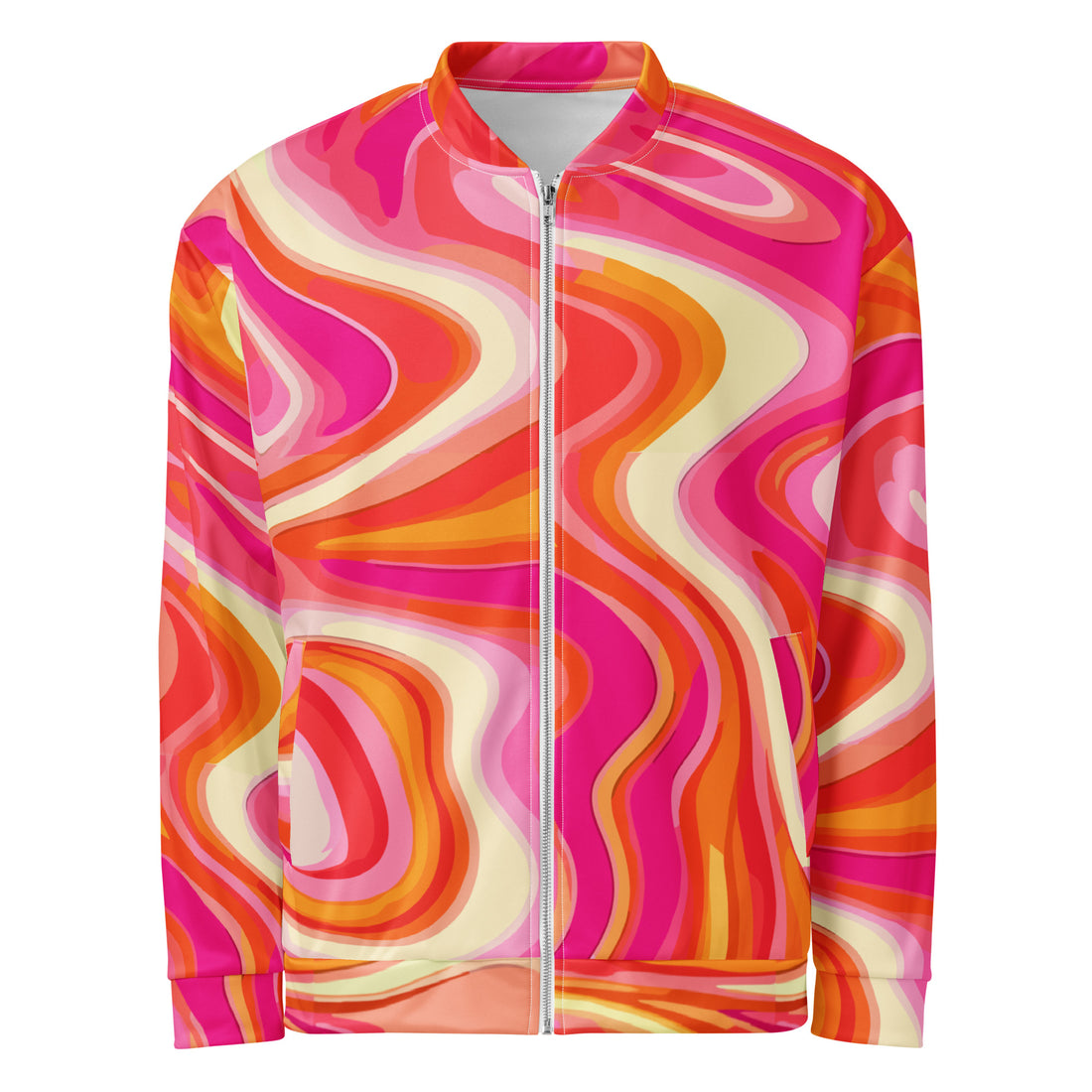 Vibrant 70s Groove Psychedelic Bomber Jacket in pink, yellow, and orange swirls.