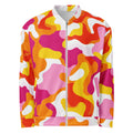 Vibrant Retro Waves Psychedelic Bomber Jacket with multi-colored wavy patterns in pink, orange, yellow, and white.