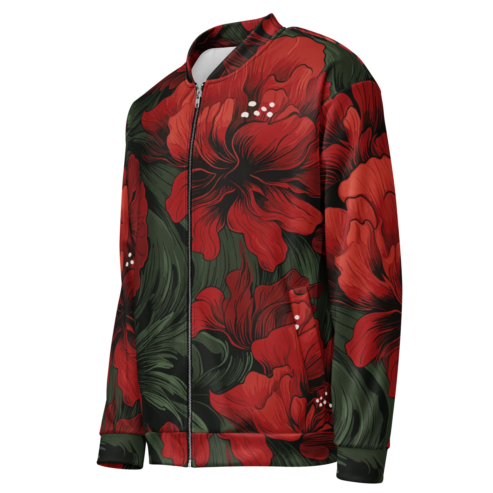 Red Hibiscus Bomber Jacket with green foliage design, showcasing vibrant floral patterns.