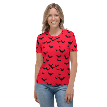 Women's red t-shirt with black bat print, perfect for Halloween.