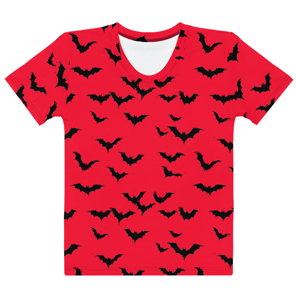 Women's red t-shirt with black bat print, perfect for Halloween.