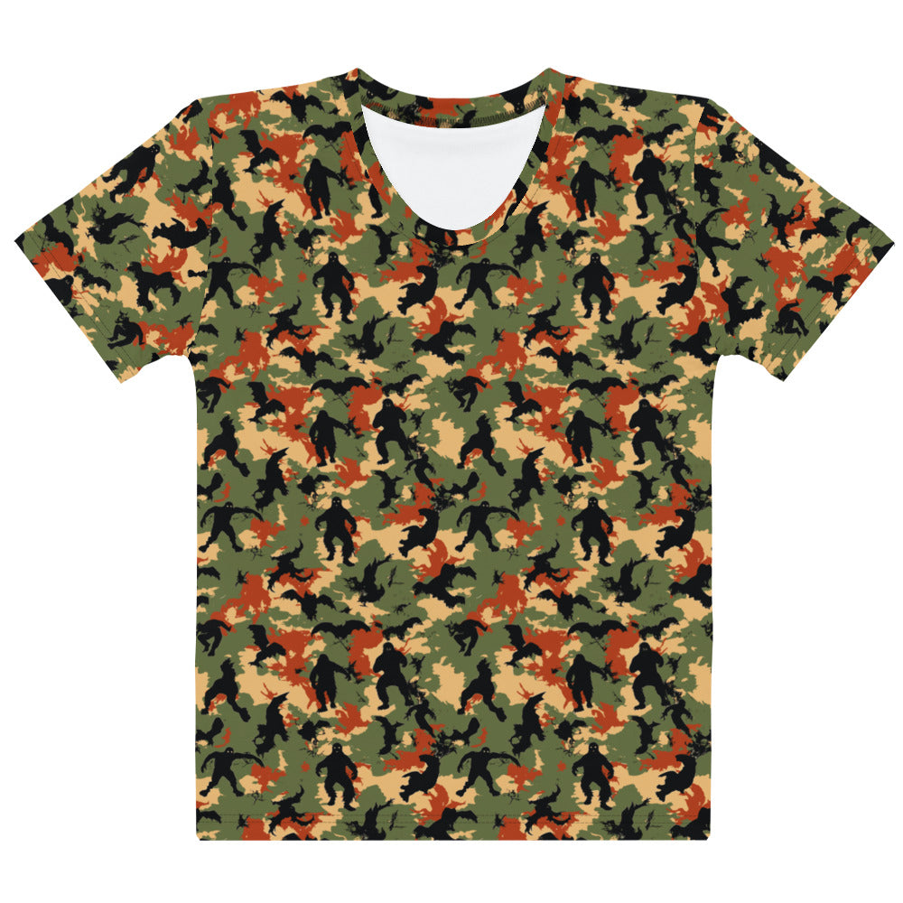 Women's Halloween T-shirt with spooky silhouettes in camouflage colors. Made in USA.