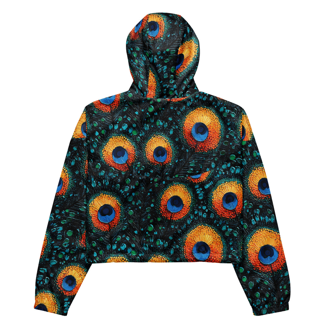 Women’s cropped windbreaker featuring a vibrant peacock print, lightweight and stylish.