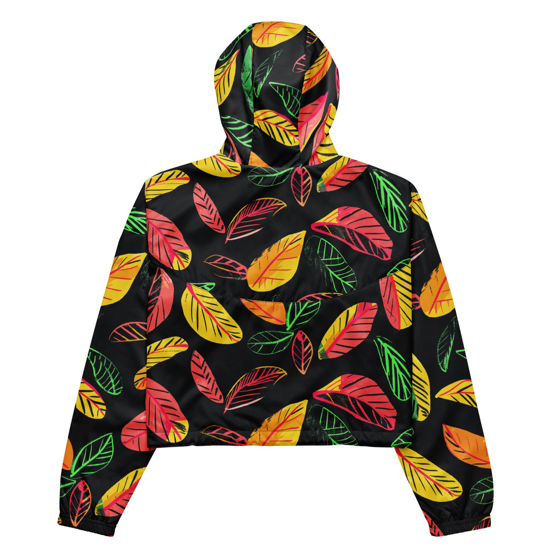 Women's cropped windbreaker featuring a colorful leaf print on a black background.