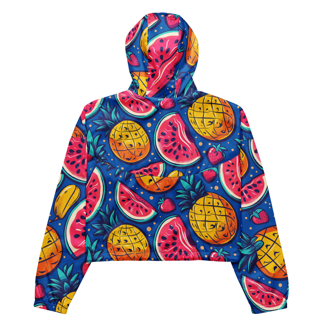 Vibrant cropped windbreaker for women featuring a colorful fruit pattern