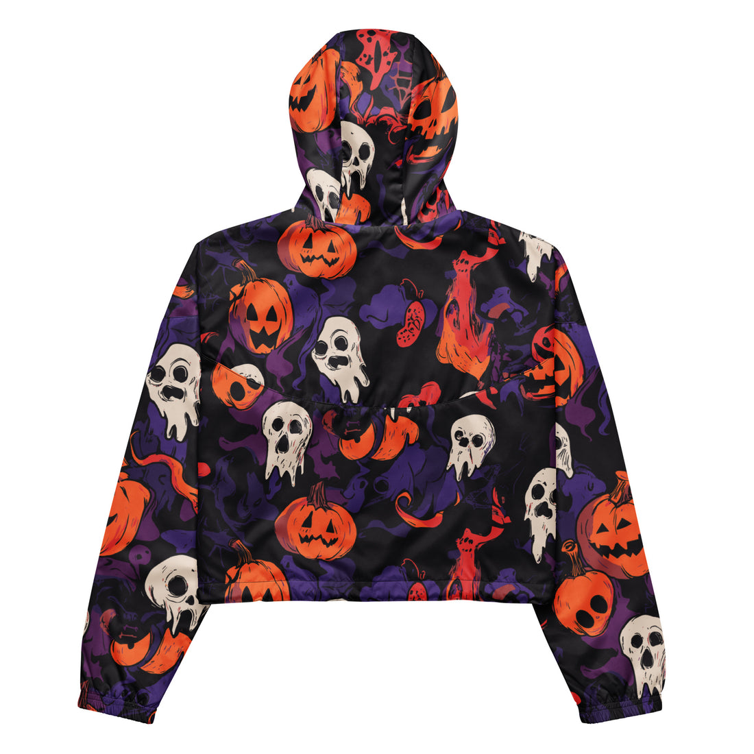 Halloween-themed cropped windbreaker for women, featuring pumpkin and ghost designs.