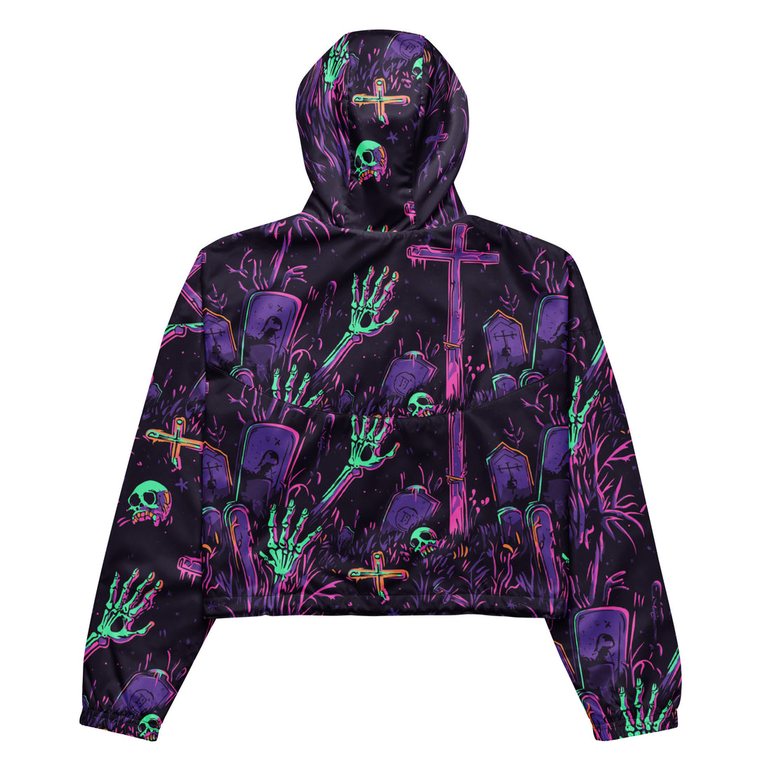 Halloween-themed cropped windbreaker featuring playful skeletons and gravestones in vibrant colors.