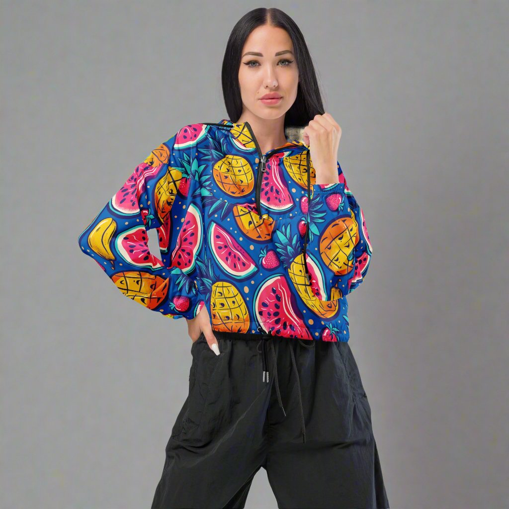 Vibrant cropped windbreaker for women featuring a colorful fruit pattern