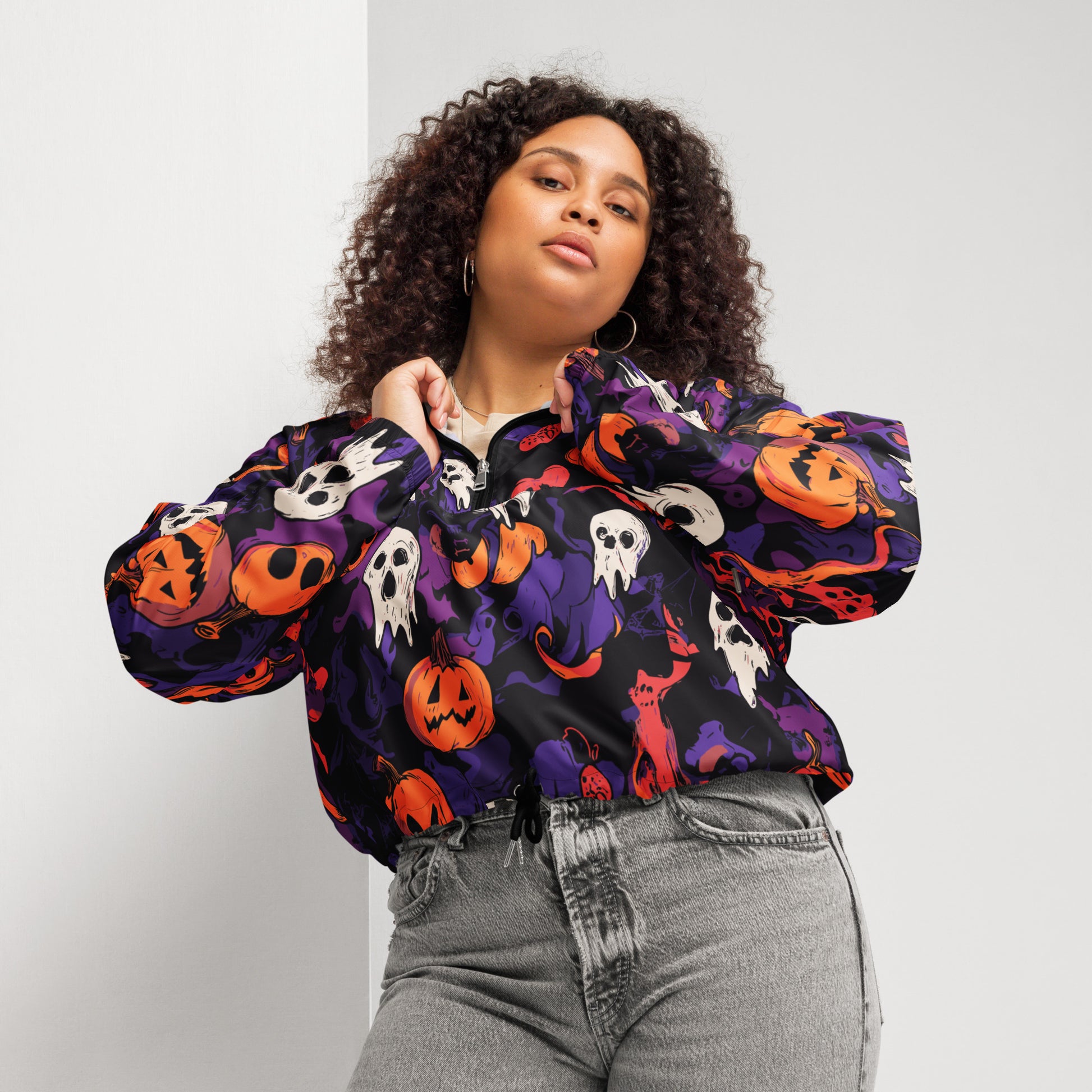 Halloween-themed cropped windbreaker for women, featuring pumpkin and ghost designs.