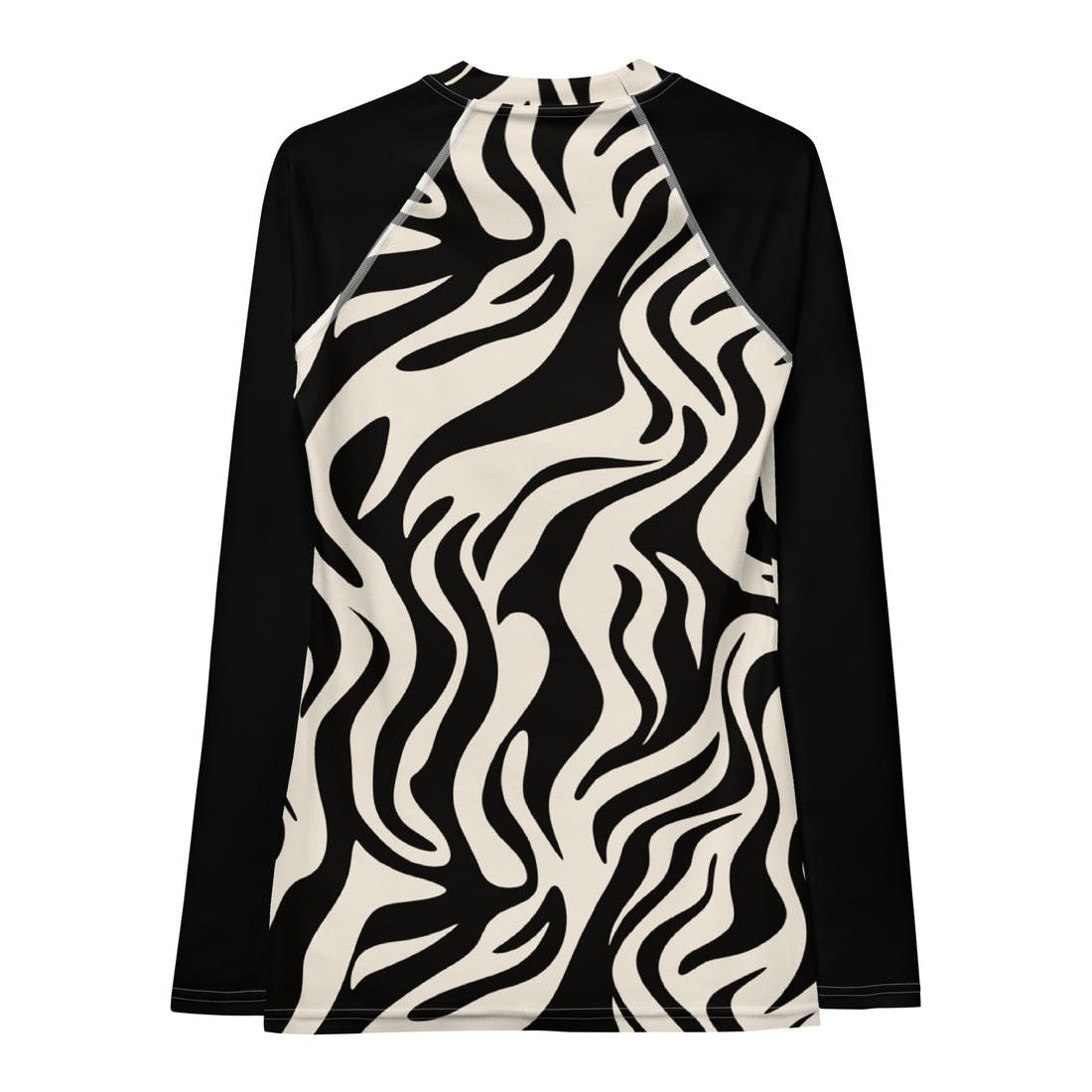 Chic women's long-sleeve zebra print rash guard in black and cream colors.