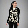 Chic women's long-sleeve zebra print rash guard in black and cream colors.