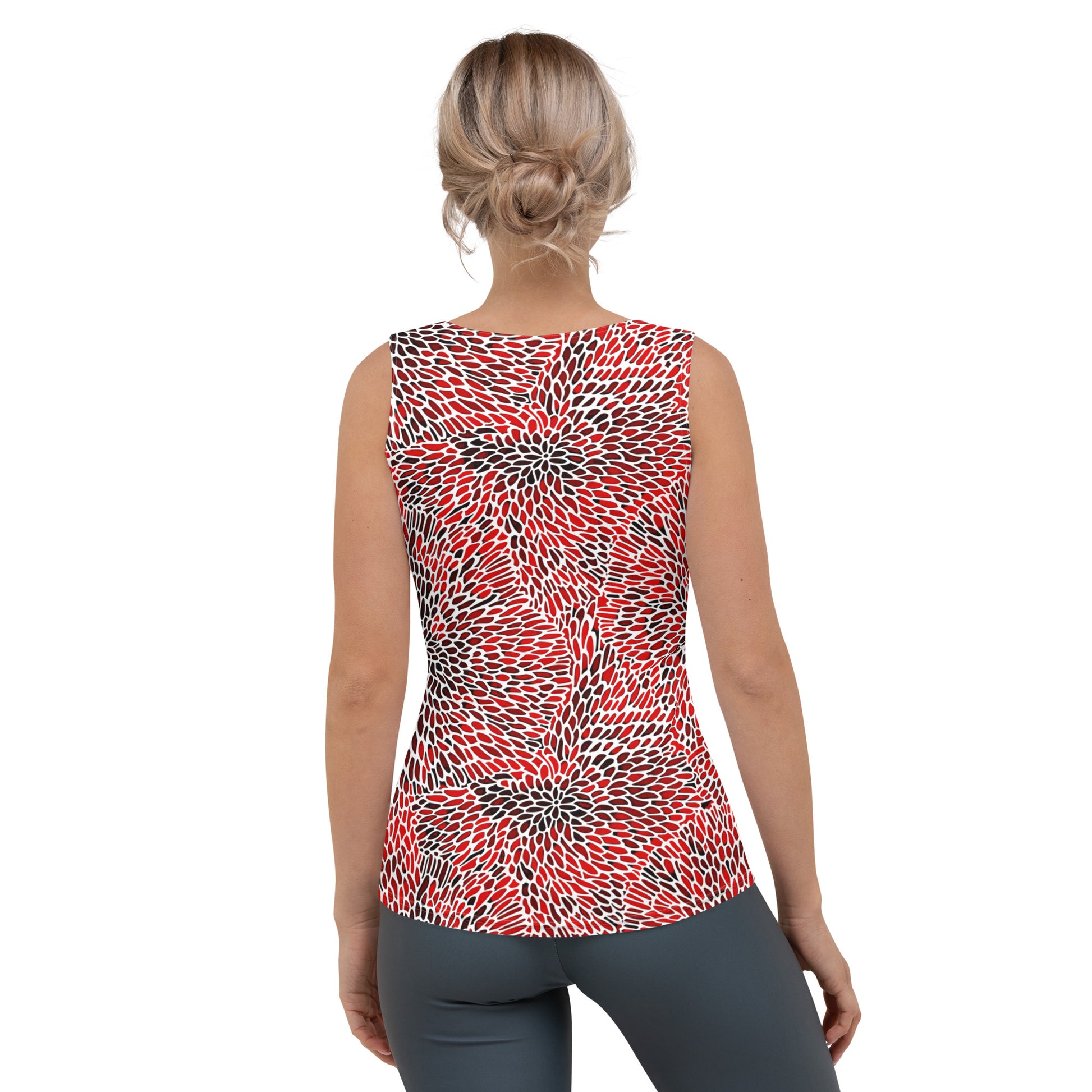 Floral Cut & Sew Tank Top featuring red and black intricate pattern on a woman, highlighting a body-hugging fit.