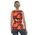 Tropical print cut & sew tank top with lemon and leaf designs against a vibrant red background.