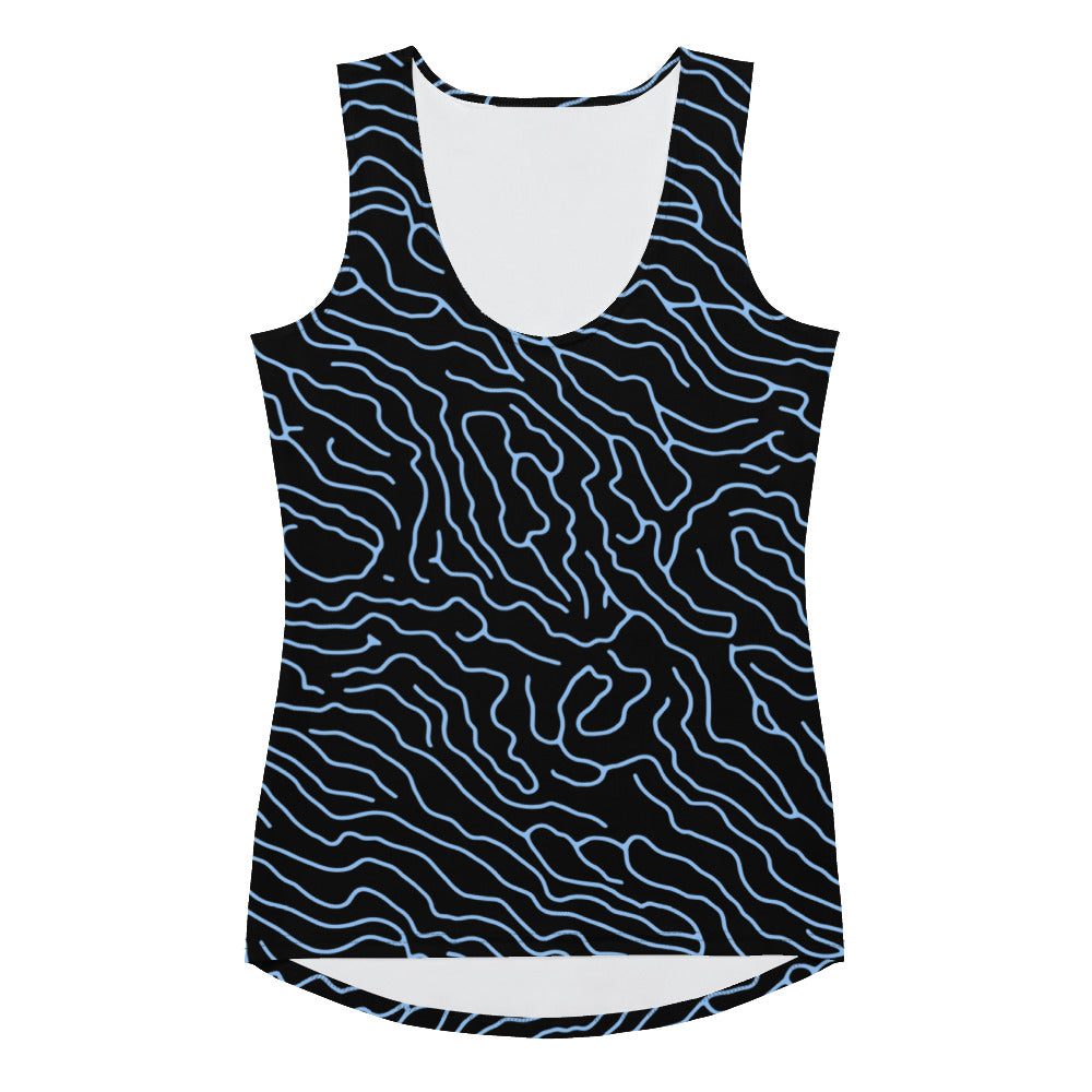 Sublimation cut and sew tank top featuring unique blue wave pattern, model smiling wearing it in a bright indoor setting.