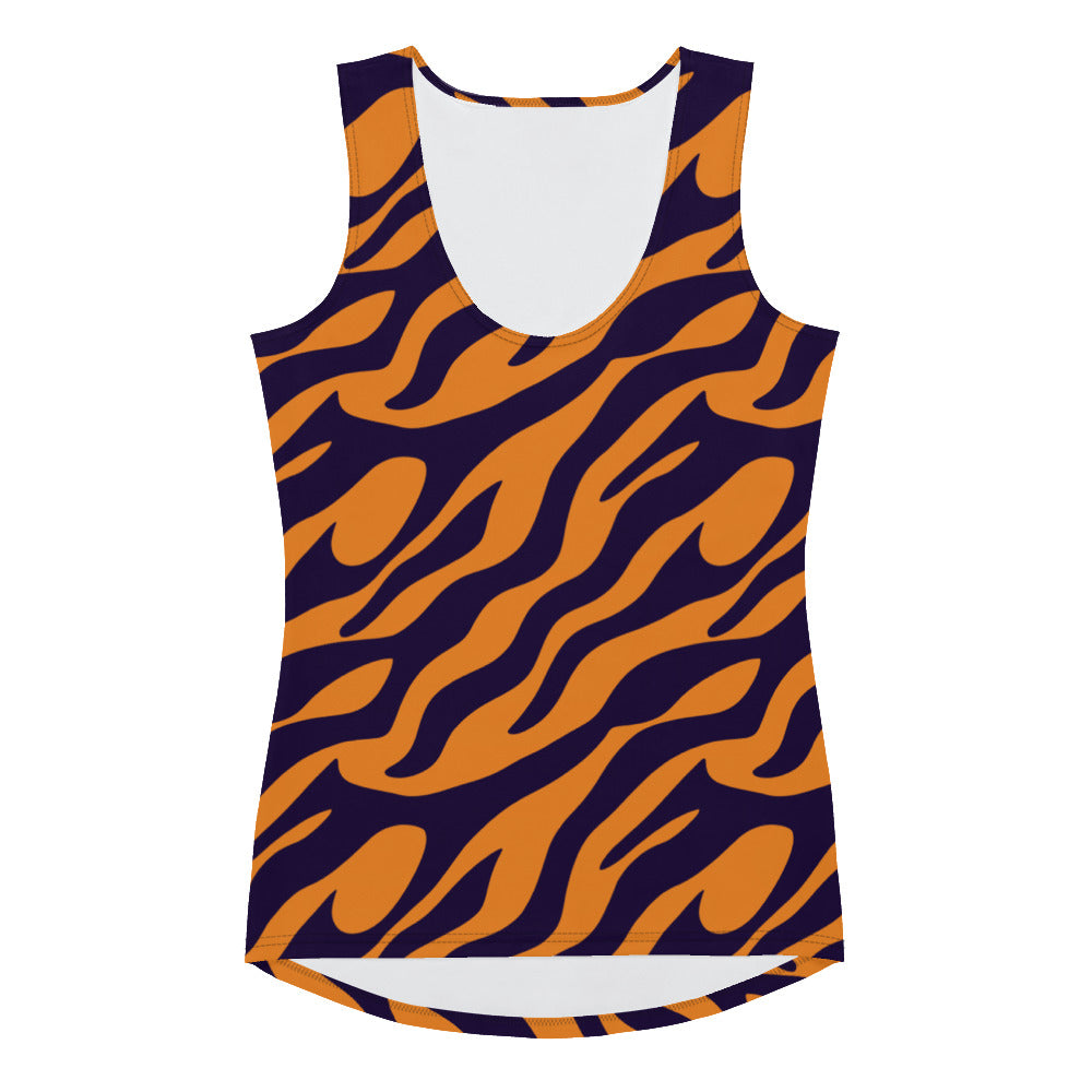 Women wearing a bold animal print tank top featuring orange and navy design.