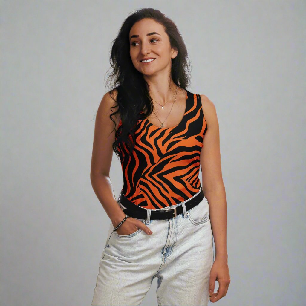 Wild Tropical Sublimation Cut & Sew Tank Top featuring vibrant orange and black zebra print.