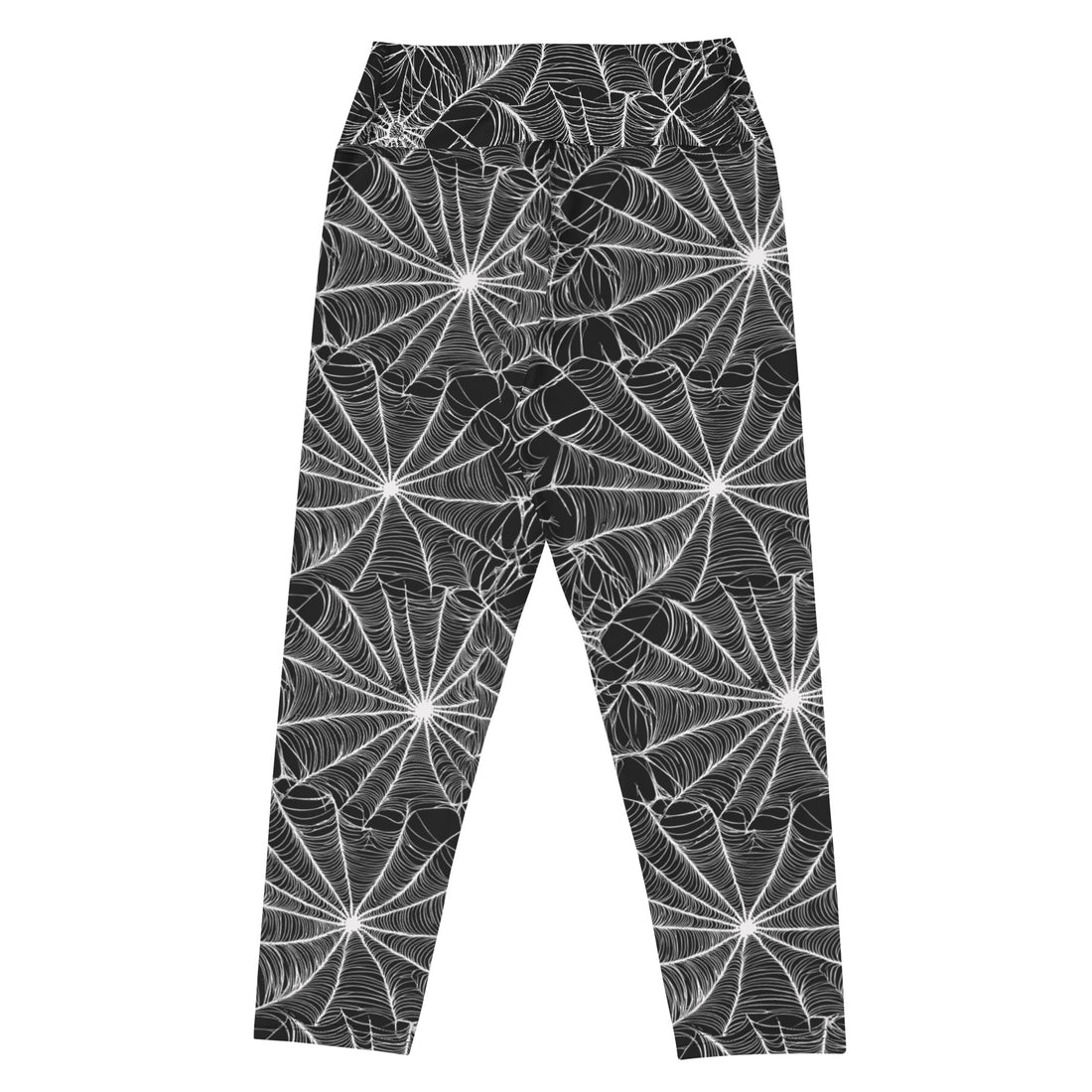 Women's Halloween spiderweb yoga capri leggings in black and white design with high waistband.