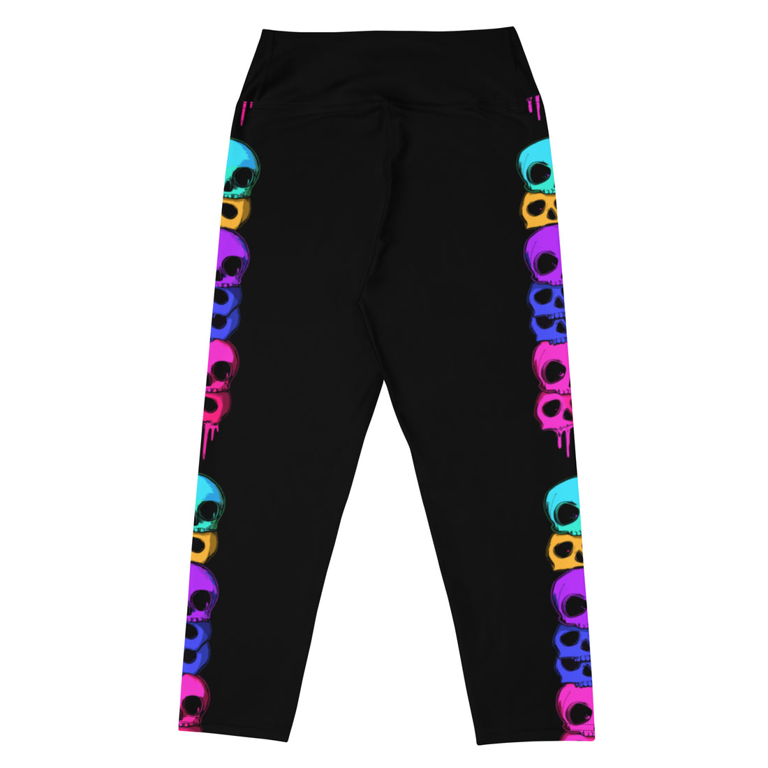 Women’s black yoga capri leggings with colorful Halloween-themed designs on the sides, showcasing a comfortable fit and high waistband.