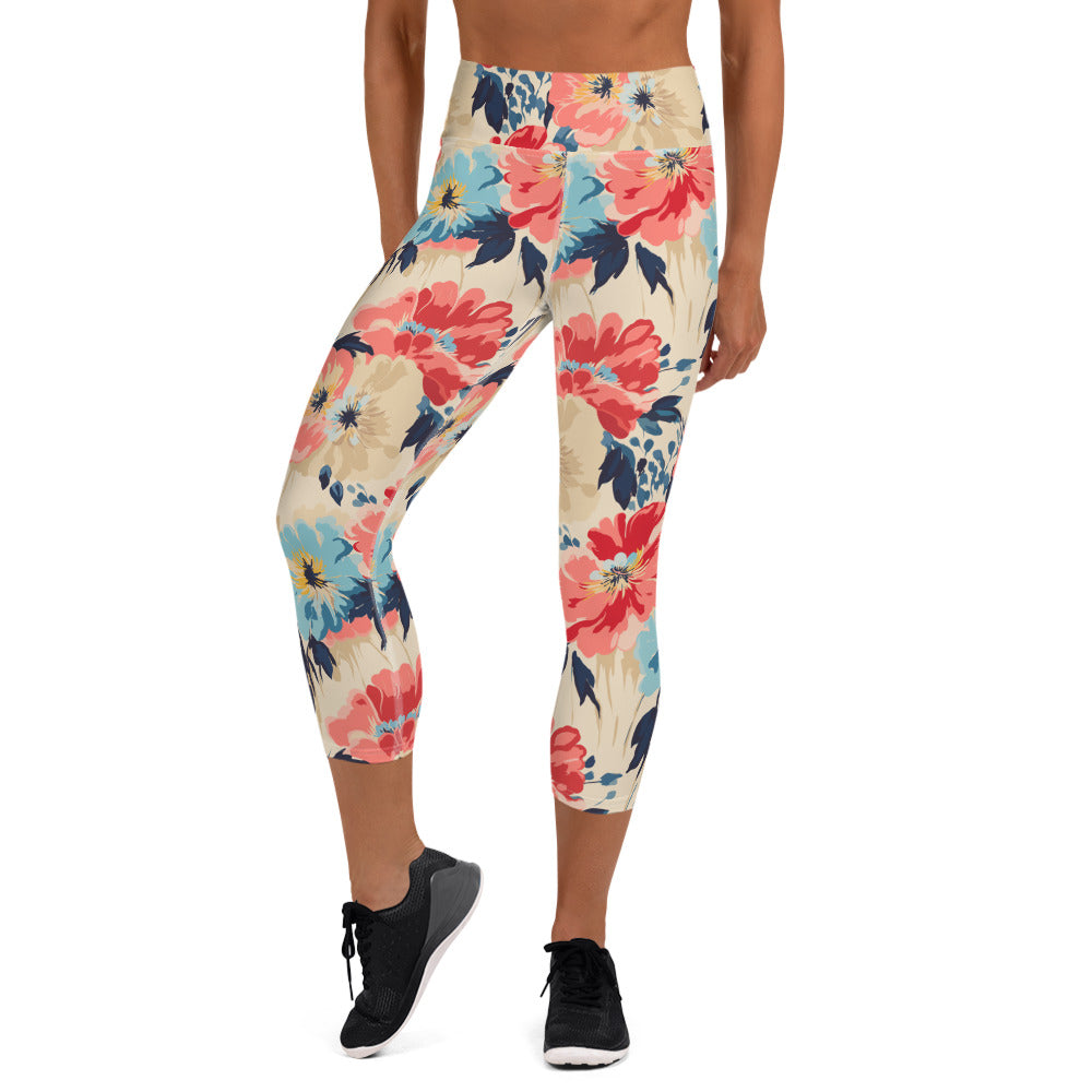 Yoga capri leggings with vibrant coral and teal floral design on beige background, featuring a high waistband and mid-calf length.