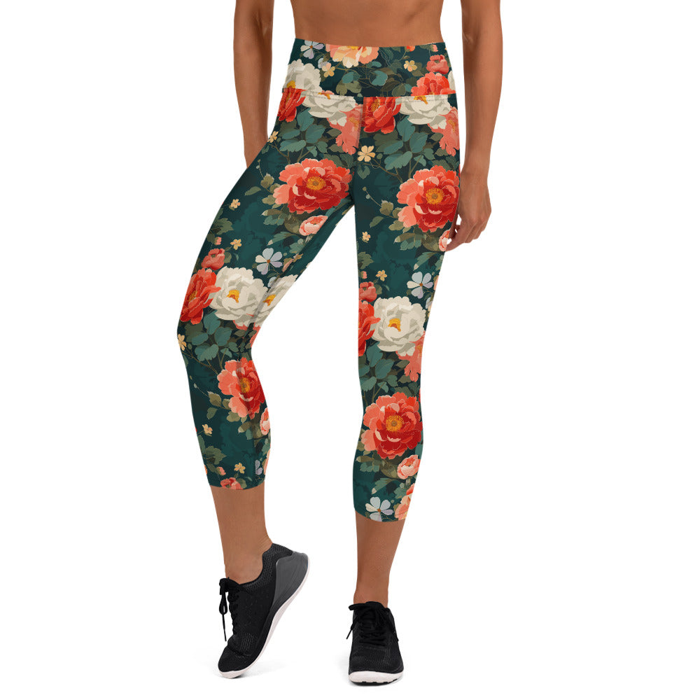 Woman wearing floral yoga capri leggings featuring vibrant red, white, and green floral designs, mid-calf length, high waistband.