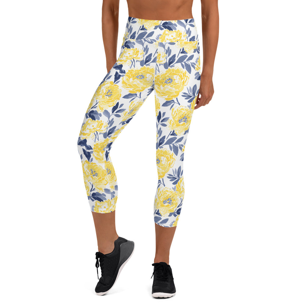 Yoga Capri Leggings with vibrant yellow peony floral design, high waistband, and mid-calf length, perfect for yoga and lounging.