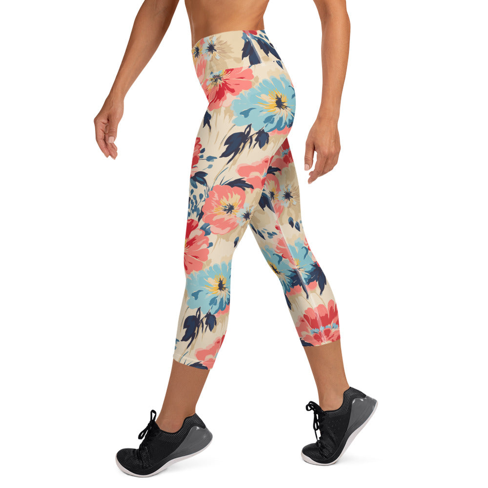 Yoga capri leggings with vibrant coral and teal floral design on beige background, featuring a high waistband and mid-calf length.