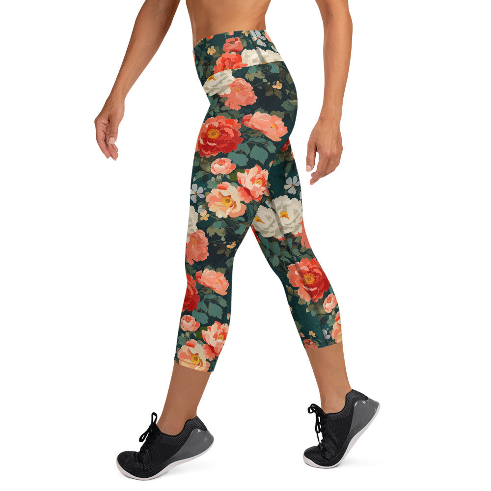 Woman wearing floral yoga capri leggings featuring vibrant red, white, and green floral designs, mid-calf length, high waistband.