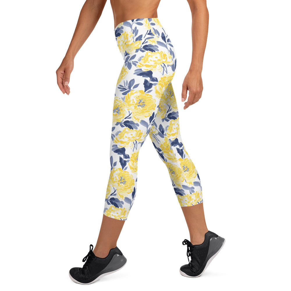 Yoga Capri Leggings with vibrant yellow peony floral design, high waistband, and mid-calf length, perfect for yoga and lounging.