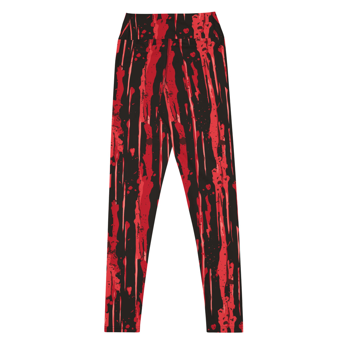 Halloween-themed yoga leggings in red and black splatter design.